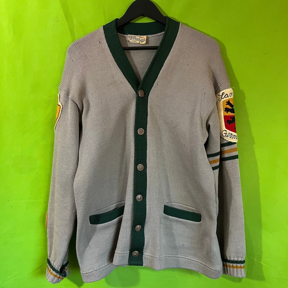 VTG 1950s Lane Tech Chicago Letterman Cardigan Sweater Grey Green Varsity - Picture 2 of 10